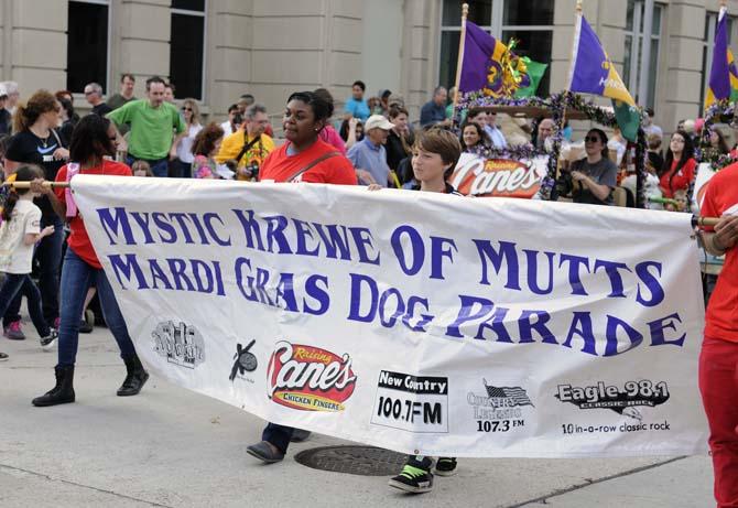 Some CAAWS volunteers hold the banner for the beginning of the Krewe of Mutts parade downtown on Jan. 27, 2013.
 