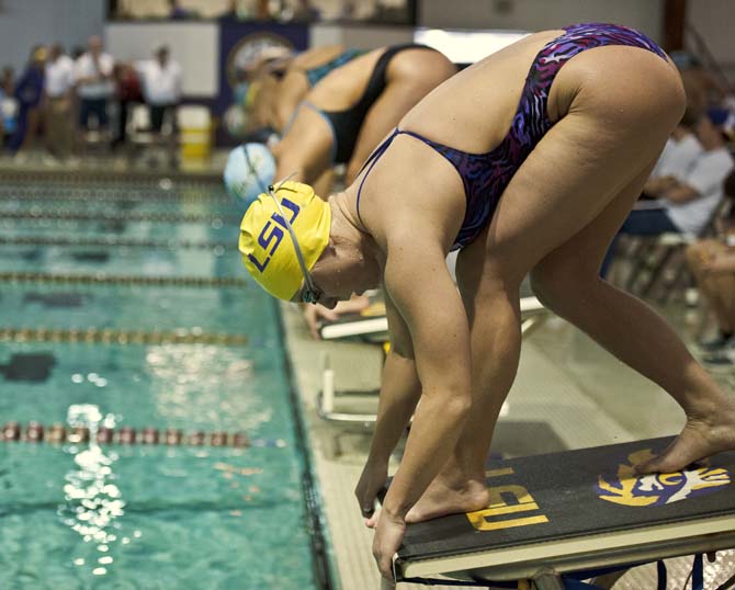 LSU senior Sara Halay prepares to dive in for her first race, the 500 yard freestyle, of the girl's swim meet vs. Tulane, Rice, and Houston in the Natatorium on Jan. 26, 2013.
 