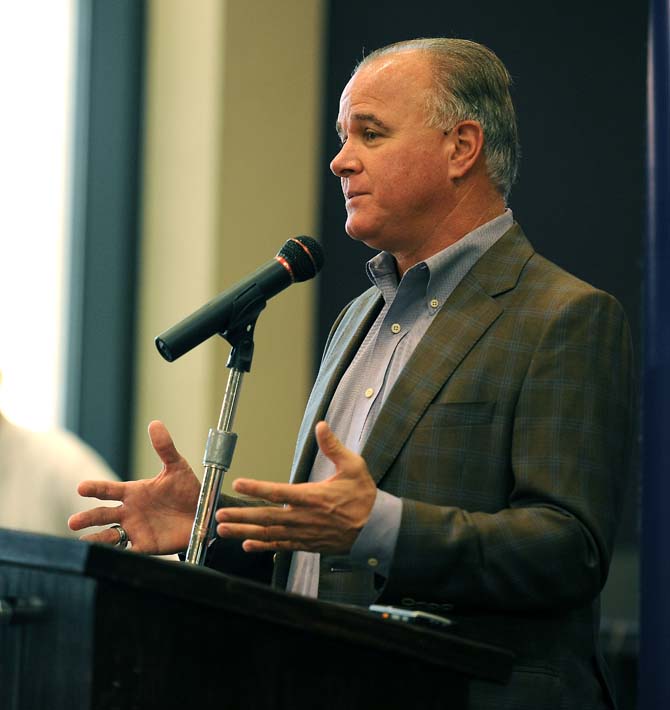 LSU Head Baseball Coach, Paul Mainieri, speaks Friday, Jan. 25, 2013 at Alex Box Stadium during Baseball Media Day.
 