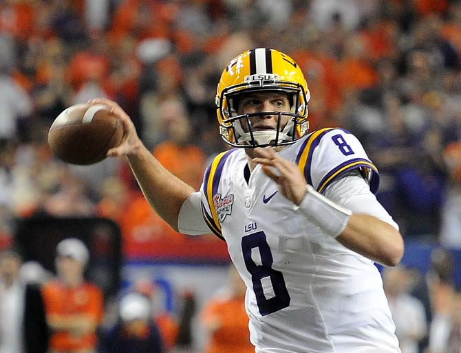 LSU junior quarterback Zach Mettenberger (8) throws the ball Monday, Dec. 31, 2012 during the Tigers' 24-25 loss in the Chick-fil-A Bowl against Clemson in Atlanta, Ga.
 