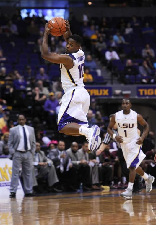 Andre Stringer (10), LSU junior guard, catches the ball Saturday, Jan. 5, during the LSU vs. Bethune Cookman game.
 