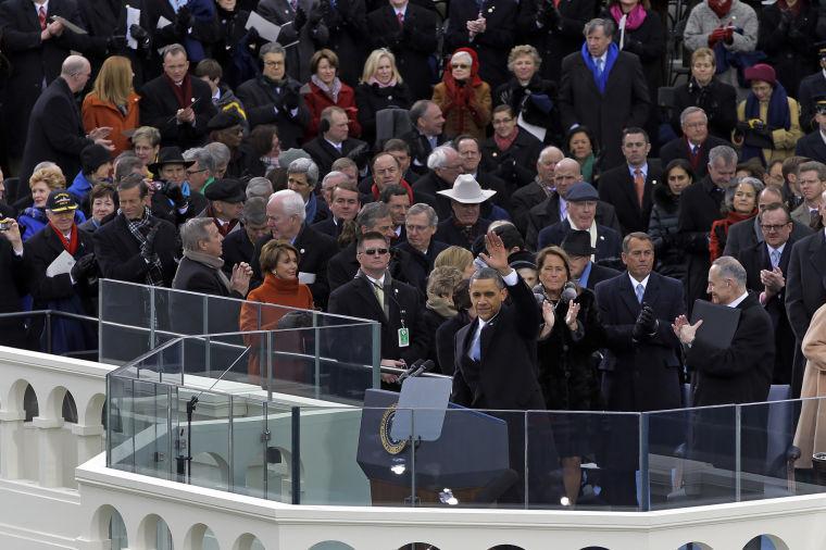 President Barack Obama waves after delivering his Inaugural address at the ceremonial swearing-in at the U.S. Capitol during the 57th Presidential Inauguration in Washington, Monday, Jan. 21, 2013. (AP Photo/Carolyn Kaster)
 