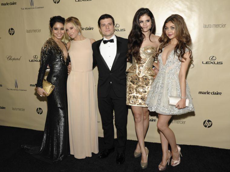 From left, actors Vanessa Hudgens, Ashley Tisdale, Josh Hutcherson, Selena Gomez and Sarah Hyland arrive at the Weinstein Company Golden Globe After Party at the Beverly Hilton Hotel on Sunday Jan. 13, 2013, in Beverly Hills, Calif. (Photo by Dab Steinberg/Invision/AP)
 