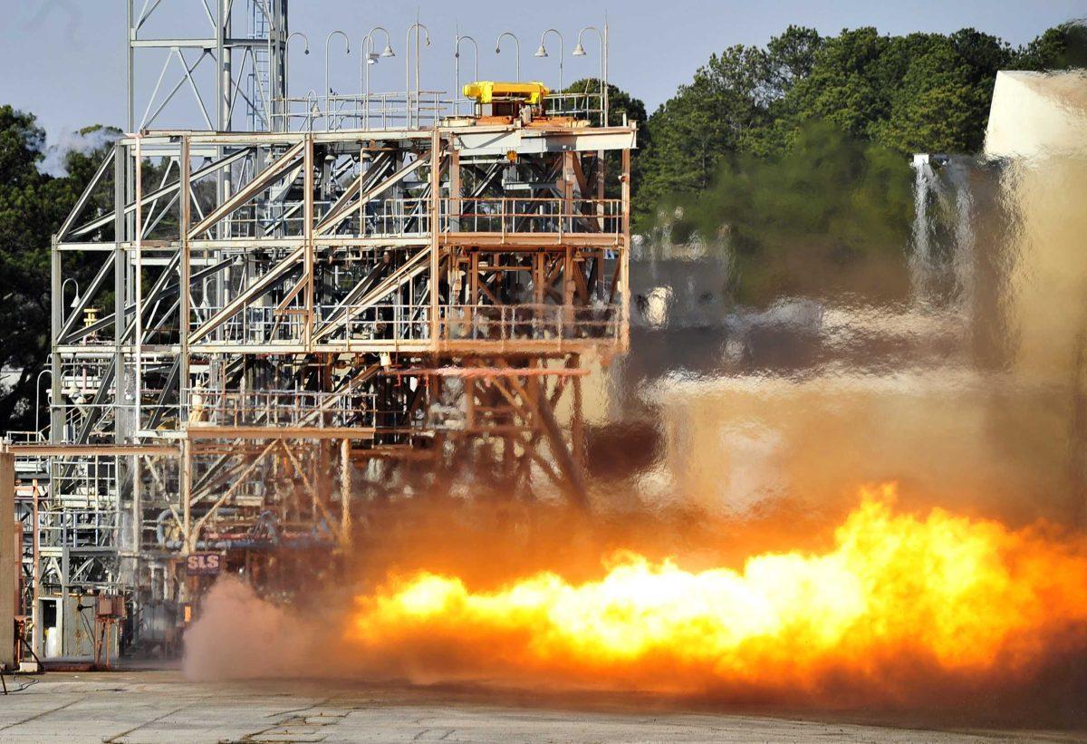 An F-1 Engine gas generator is tested at NASA's Marshall Space Flight Center Thursday, Jan. 24, 2012 in Huntsville, Ala. The test, with parts taken from an engine intended to fly in the Apollo program, is being studied my Marshall engineers in developing the next generation of rocket engines for NASA's Space Launch System (SLS). This was the last of 11 tests. (AP Photo/Eric Schultz. AL.com)