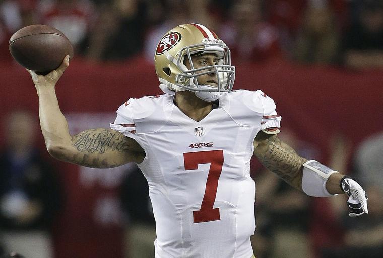 In this Jan. 20, 2012, file photo, San Francisco 49ers quarterback Colin Kaepernick throws a pass during the first half of the NFL football NFC Championship game against the Atlanta Falcons in Atlanta. The Baltimore Ravens and San Francisco 49ers meet in Super Bowl XLVII on Sunday, Feb. 3, in New Orleans. (AP Photo/Dave Martin, File)
 