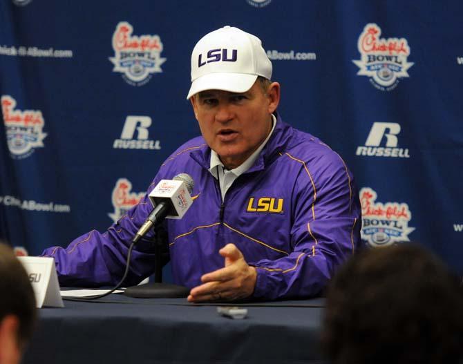 LSU football head coach Les Miles speaks to the media Dec. 31, 2012 following LSU's 24-25 loss to Clemson in the Chick-fil-A Bowl in Atlanta, Ga.
 