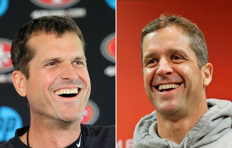 FILE - In a July 27, 2012 file photo, San Francisco 49ers head coach Jim Harbaugh, left, smiles during a news conference at the teams headquarters in Santa Clara, Calif. At right, in a Jan. 16, 2013 file photo, Baltimore Ravens head coach John Harbaugh smiles during a new conference at the teams practice facility in Owings Mills, Md. The Harbaugh's will be the first pair of brothers to coach against each other in the NFL title game. (AP Photo/File)
 