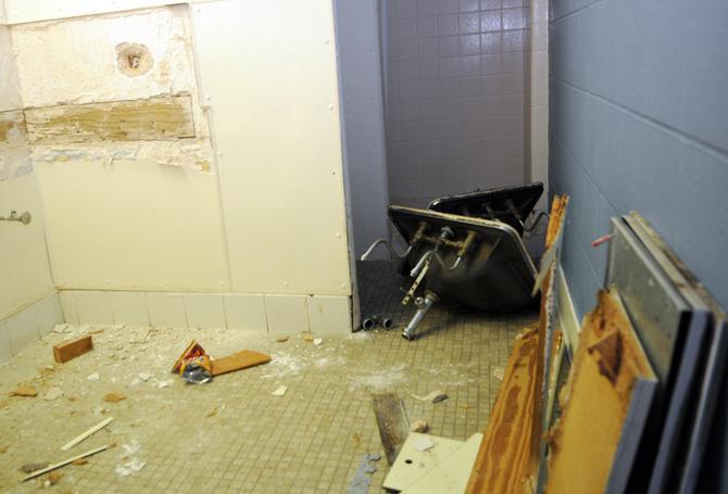 A bathroom is stripped Tuesday, Jan. 22, 2013 during the remodeling of Kirby Smith's floors 8-11.
 