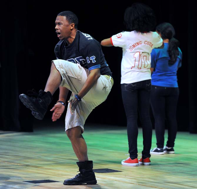 A member of the LSU National Pan-Hellenic Council stomps at the MLK Performing Arts Showcase at the Union Theatre on Thursday, Jan. 24, 2013.
 