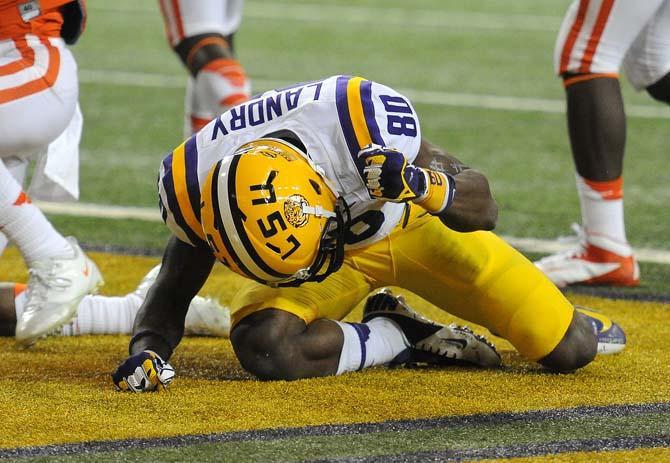 LSU sophomore wide receiver Jarvis Landry pounds the ground after dropping a pass in the end zone Monday, Dec. 31, 2012 during the Tigers' 24-25 loss in the Chick-fil-A Bowl against Clemson in Atlanta, Ga.
 