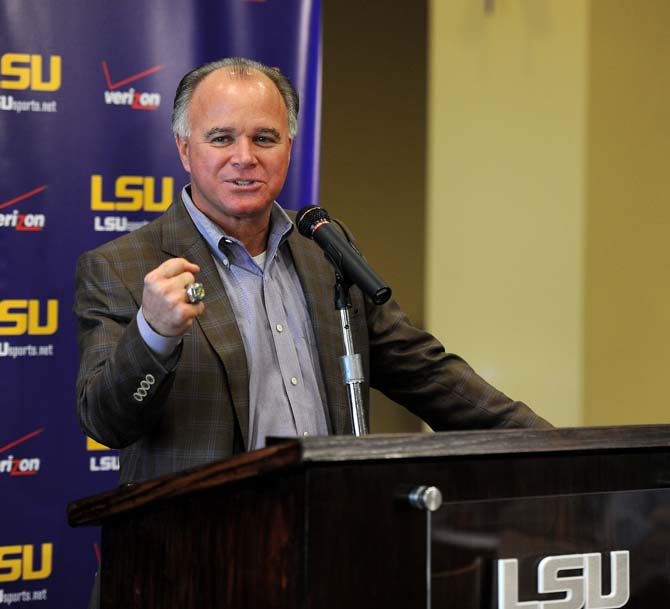 LSU Head Baseball Coach, Paul Mainieri, speaks Friday, Jan. 25, 2013 at Alex Box Stadium during Baseball Media Day.
 