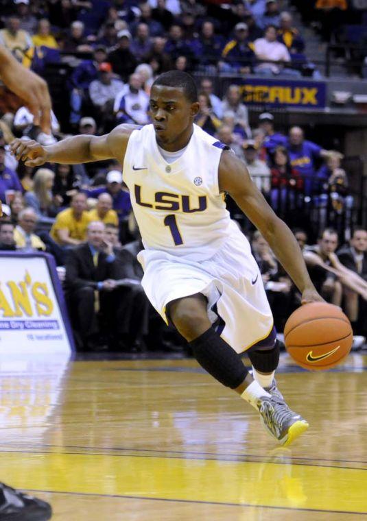 LSU sophomore guard Anthony Hickey (1) moves toward the goal during the Tigers' 73-70 victory against Mizzou Wednesday Jan. 30, 2013 in the PMAC.
 