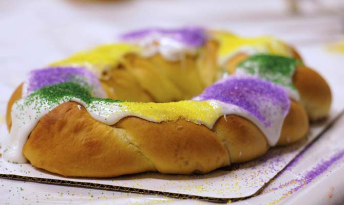 A finished king cake sits ready to be cut and eaten during a demonstration on how to make Ambrosia Bakery's king cakes done by the co-owner, Felix Sherman, Jr., at the LSU Museum of Art on January 17, 2012.
 