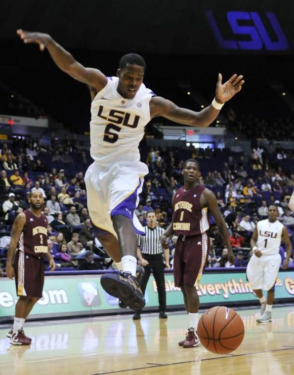 Shavon Coleman (5), LSU junior forward, leaps in the air Saturday, Jan. 5, during the LSU vs. Bethune Cookman game.
 