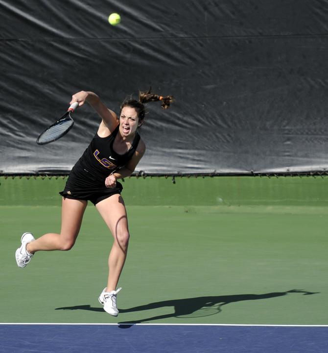 LSU senior Kaitlin Burns serves Saturday, Jan. 26, 2013 during the doubles match against Northwestern at "Dub" Robinson Stadium.
 