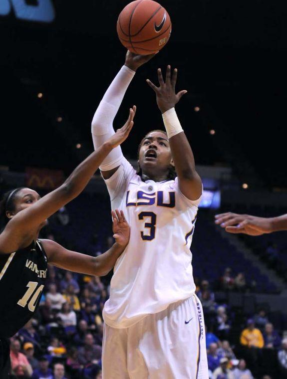 LSU senior guard Bianca Lutley (3) shoots the ball Sunday, Jan. 20, 2013 during the 54-51 victory over the Vanderbilt Commodores in the PMAC.
 