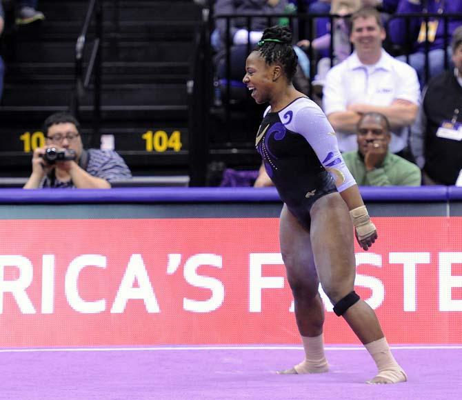 LSU sophomore all-around Llominica Hall screams during her floor routine Jan. 4, 2013 in the Tiger's 196-194 win over NC State in the PMAC.
 