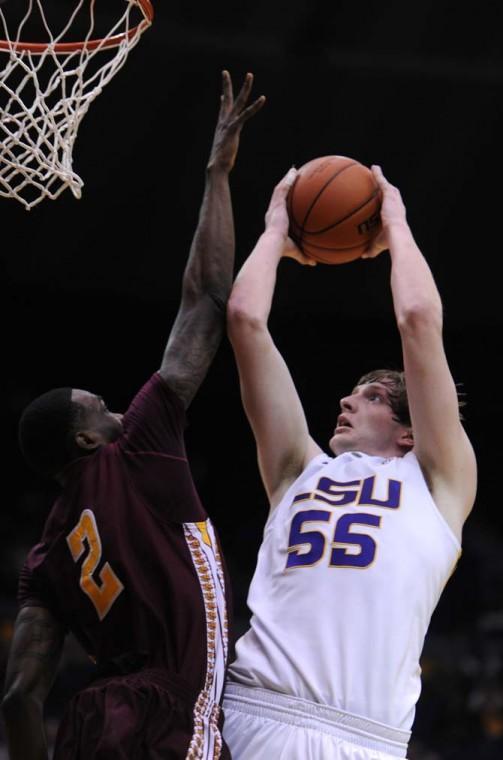 Andrew Del Piero (55), LSU senior center, dunks the ball Saturday, Jan. 5, during the LSU vs. Bethune Cookman game.
 