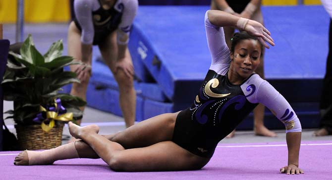 LSU junior all-around Maliah Mathis poses during her floor routine Jan. 4, 2013 in the Tiger's 196-194 win over NC State in the PMAC.
 