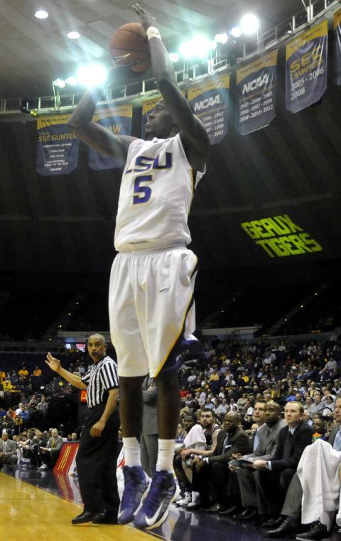 LSU junior Shavon Coleman (5) fires Wednesday, Jan. 23, 2013 from three point range in the 58-54 victory over Texas A&amp;M in the PMAC.
 