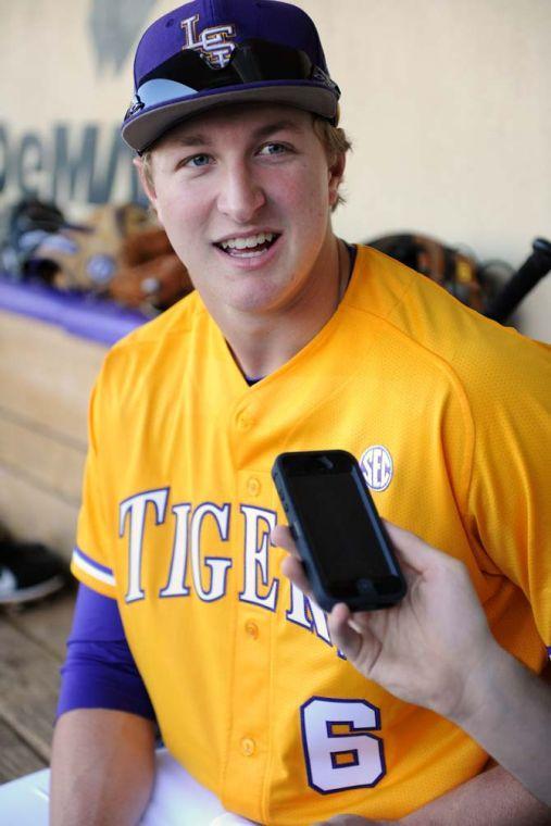 LSU freshman outfielder Andrew Stevenson talks to reporters at LSU Baseball Media Day at Alex Box Stadium on Jan. 25, 2013.
 