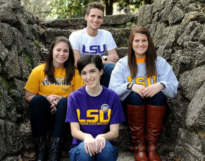 Front to back: Elaine Giles, Margaret Price (left,) Mollye Baker (right,), and Bryce Bourgeois pose Monday, Jan. 21, 2013, on stone steps near the Greek Theatre. These students are in charge of the event Geaux Big, a volunteer effor that will involve student volunteers from the LSU campus. These volunteers will go out into the Baton Rouge community, helping those in need.
 