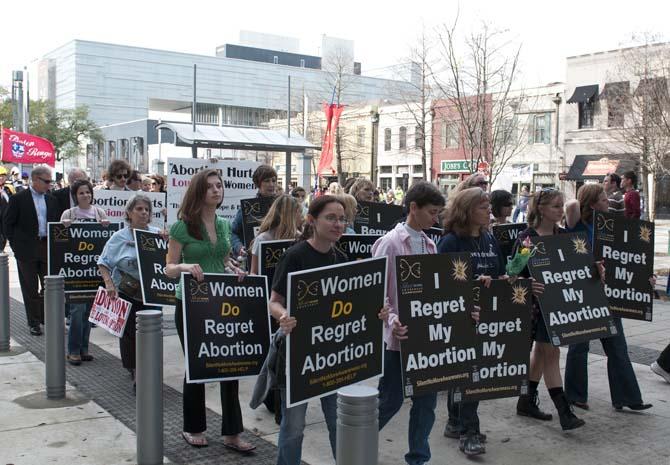 Pro-life protesters march Saturday, Jan. 12, 2013, on the New State Capitol from the Old State Capitol. This was Baton Rouge's third annual Pro-Life March.
 