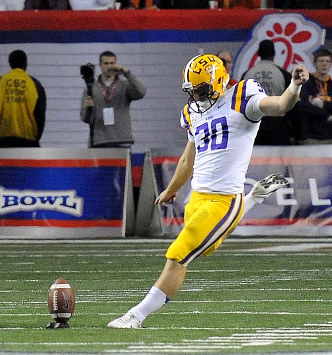 LSU sophomore place kicker James Hairston kicks off Monday, Dec. 31, 2012 during the Tigers' 24-25 loss in the Chick-fil-A Bowl against Clemson in Atlanta, Ga.
 