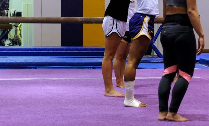 Members of LSU's gymnastics team line up for practice Monday, Jan. 28, 2013.
 