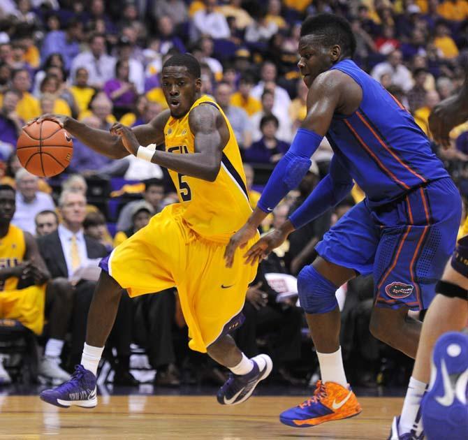 Shavon Coleman, LSU junior forward, runs with the ball Saturday, Jan. 12 during the LSU vs. Florida game.
 