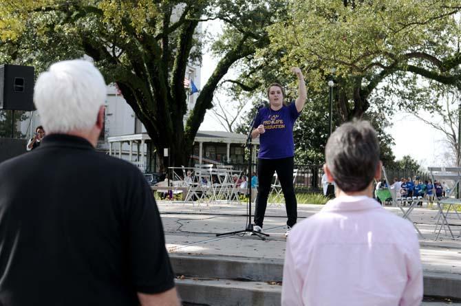 LSU Students for Life Director Kandace Landndreneau speaks Saturday, Jan. 12, 2013, to pro-life protesters in downtown Baton Rouge.
 