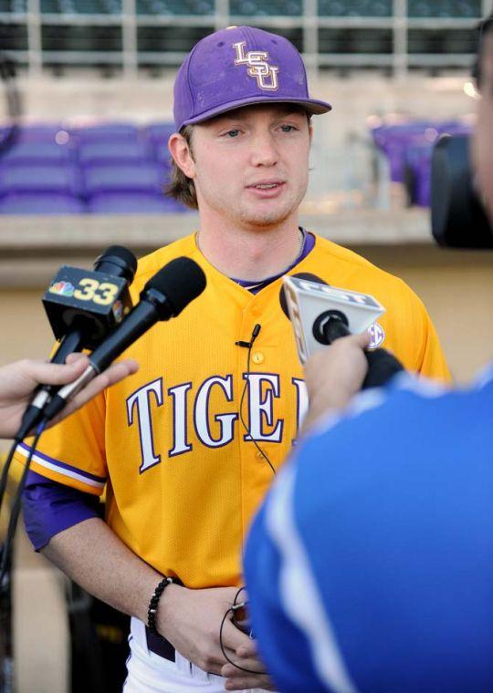 LSU senior outfielder Raph Rhymes talks to reporters during LSU Baseball Media Day at Alex Box Stadium on Jan. 25, 2013.
 