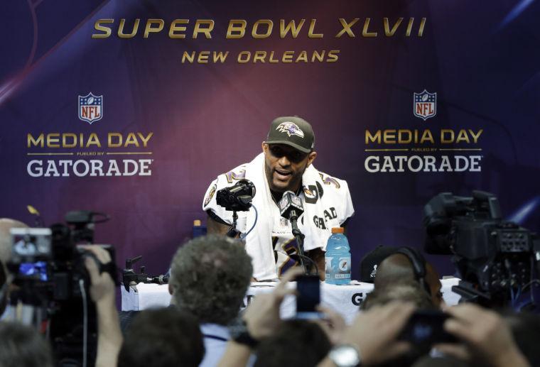 Baltimore Ravens linebacker Ray Lewis speaks during media day for the NFL Super Bowl XLVII football game Tuesday, Jan. 29, 2013, in New Orleans. (AP Photo/Mark Humphrey)
 