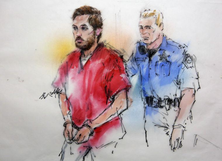 This courtroom sketch shows James Holmes being escorted by a deputy as he arrives at preliminary hearing in district court in Centennial, Colo., on Monday, Jan. 7, 2013. Investigators say Holmes opened fire during the midnight showing of the latest Batman movie on July 20, killing 12 people and wounding dozens. (AP Photo/Bill Robles, Pool)
 