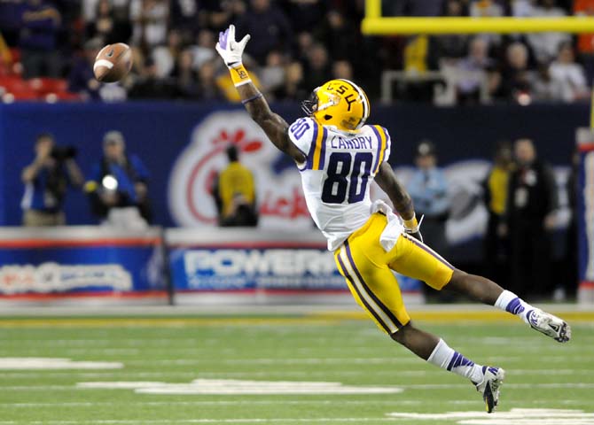 LSU sophomore wide receiver Jarvis Landry (80) dives for an overthrown ball Dec. 31, 2012 during LSU's 24-25 loss to Clemson in the Chick-fil-A Bowl in Atlanta, Ga.
 