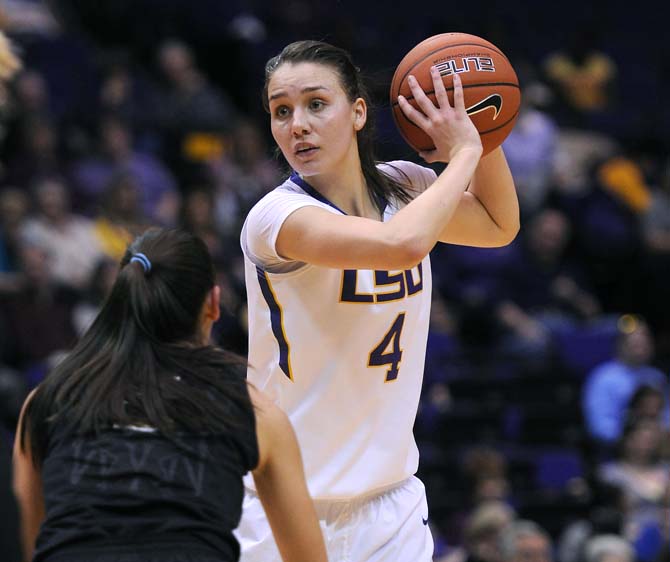 LSU freshman guard Anne Pedersen (4) looks to pass the ball Sunday, Jan. 20, 2013 during the 54-51 victory over the Vanderbilt Commodores in the PMAC.
 