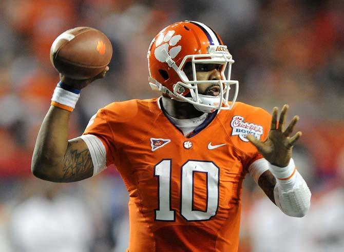 Clemson quarterback Tajh Boyd throws the ball Monday, Dec. 31, 2012 during LSU's 24-25 loss in the Chick-fil-A Bowl against Clemson in Atlanta, Ga. Boyd was named the bowl's Most Outstanding Offensive Player.
 