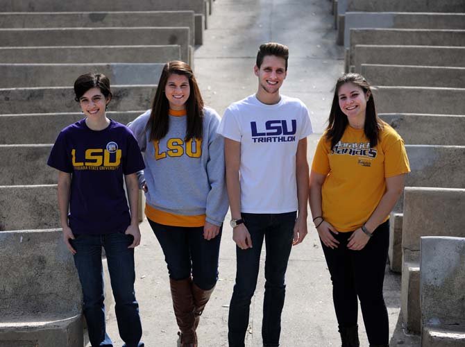 Left to right: Elaine Giles, Mollye Baker, Bryce Bourgeois, and Margaret Price stand Monday, Jan. 21, 2013 inside the Greek Theatre on LSU's campus. These students are in charge of the event Geaux Big, a volunteering effort that some LSU students will participate in April 20, 2013.
 