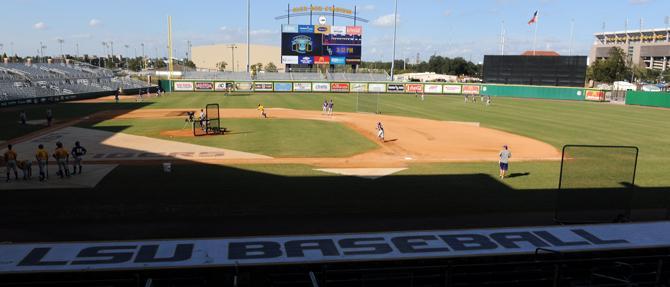 The LSU baseball team practices on Thursday, Oct. 25, 2012 on the newly installed Celebration Bermuda grass at Alex Box Stadium.