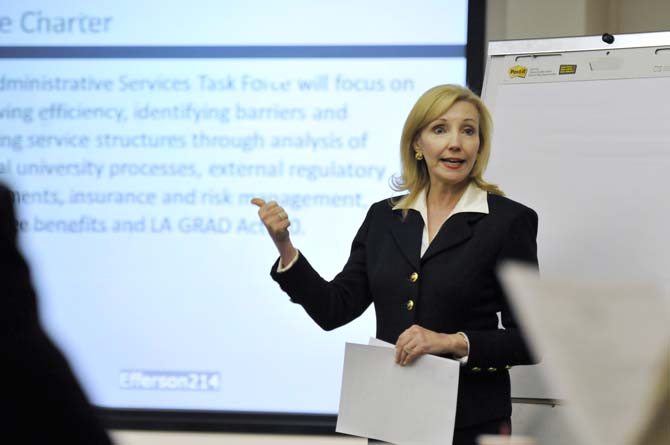 SSA Consultant Christel Slaughter explains points of discussion Thursday, Feb. 21, 2013 during an administration task force meeting in Efferson Hall.
 