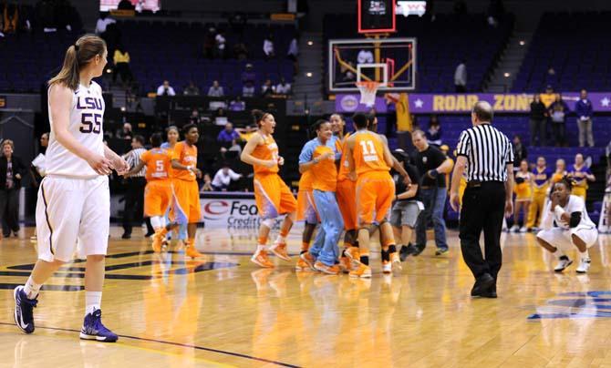 LSU junior forward Theresa Plaisance (55) looks on as Tennessee players celebrate after the Tigers' 64-62 loss against the Volunteers Thursday Feb. 7, 2013 in the PMAC.
 