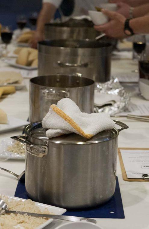 All of the pots of hot, steaming gumbo stand ready to be served out of as the final part of the gumbo Viking cooking class at the Hilton Hotel on Jan. 31, 2013.
 