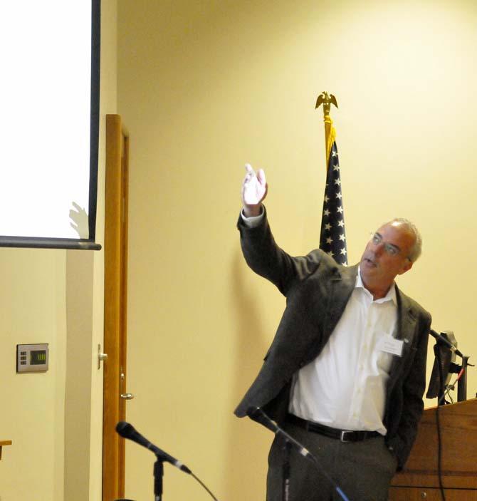 Keynote speaker Dr. Ernst Peebles speaks to students and faculty Friday, Feb. 15, 2013. He is the Director of Coastal Systems Ecology at The Water Institute of the Gulf.
 