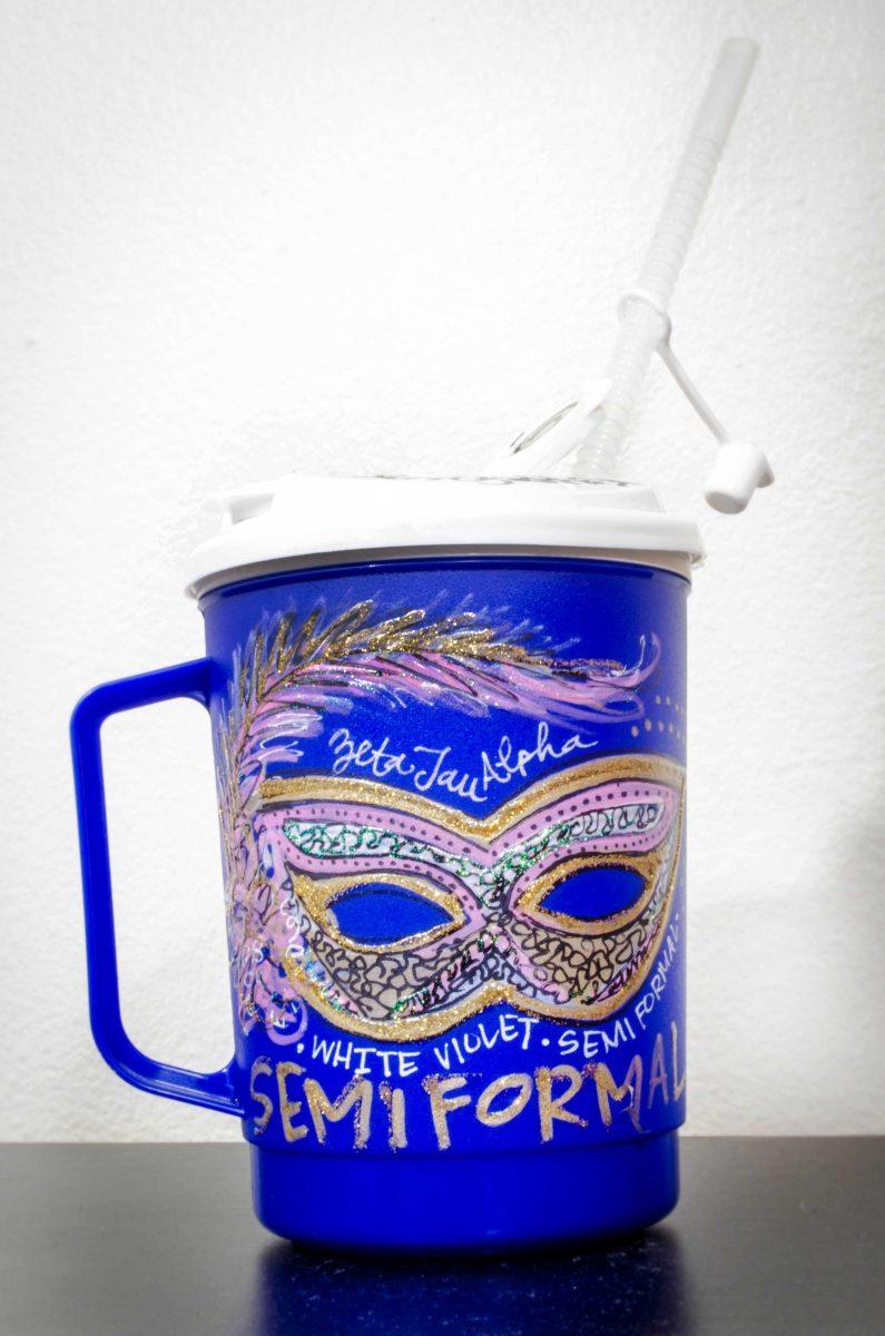 Party cup painted by Virginia Otto-Hayes for Zeta Tau Alpha Semi-Formal.