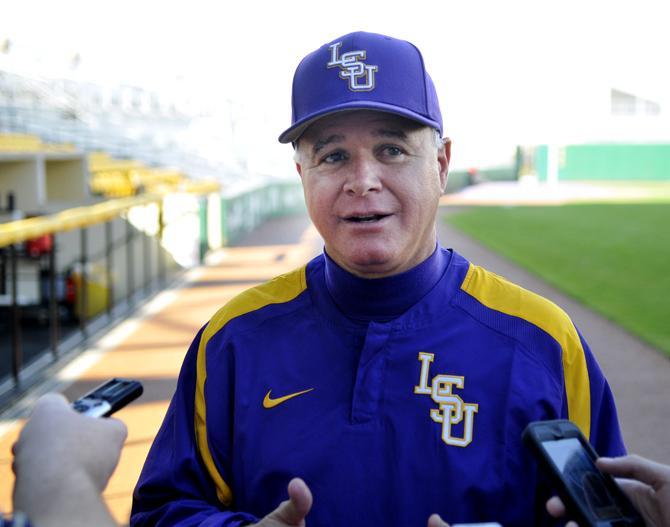 LSU head coach Paul Mainieri talks Tuesday, Feb. 5, 2013 to reporters before practice at Alex Box Stadium.
 