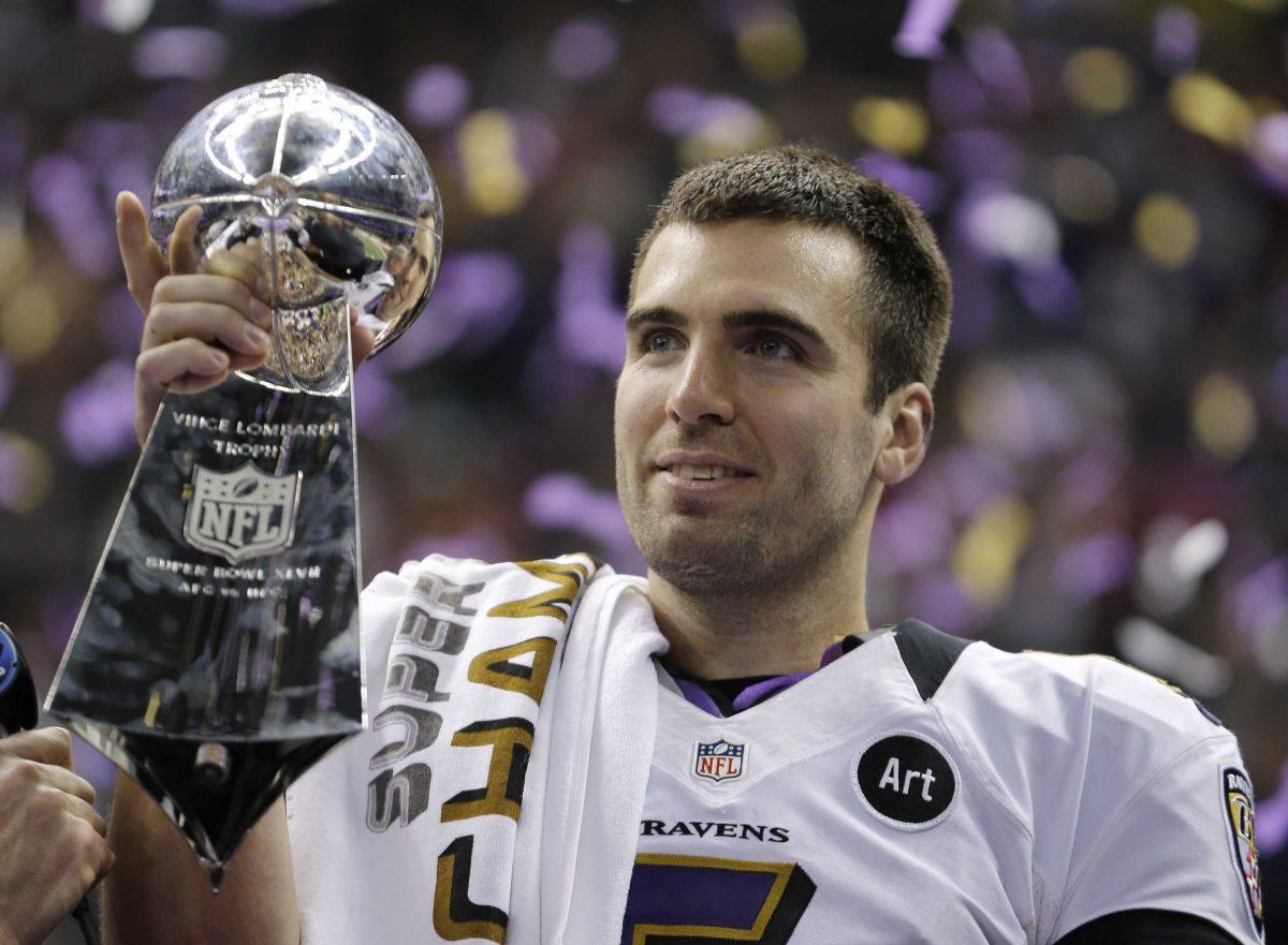 Baltimore Ravens quarterback Joe Flacco (5) holds the Vince Lombardi Trophy after defeating the San Francisco 49ers 34-31 in the NFL Super Bowl XLVII football game, Sunday, Feb. 3, 2013, in New Orleans. (AP Photo/Matt Slocum)