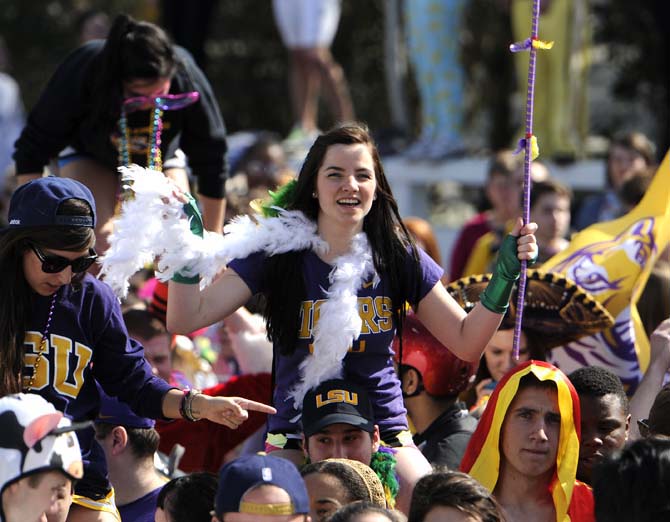 An LSU student smiles on Feb. 15, 2013 during the LSU Harlem Shake in front of the PMAC.
 