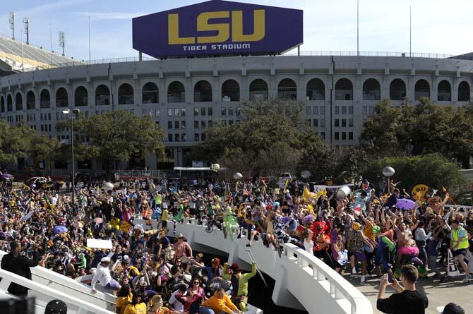 Hundreds of LSU students go crazy once the beat drops on Feb. 15, 2013 during the LSU Harlem Shake in front of the PMAC.
 