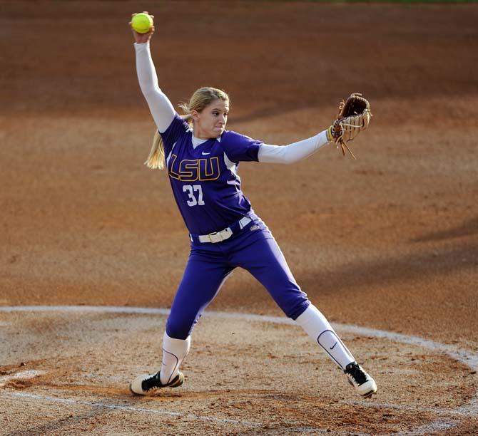 Senior LSU pitcher Rachele Fico pitches on Friday, Feb. 8, 2013 at the tiger's first game of the season against North Carolina at Tiger Park.
 