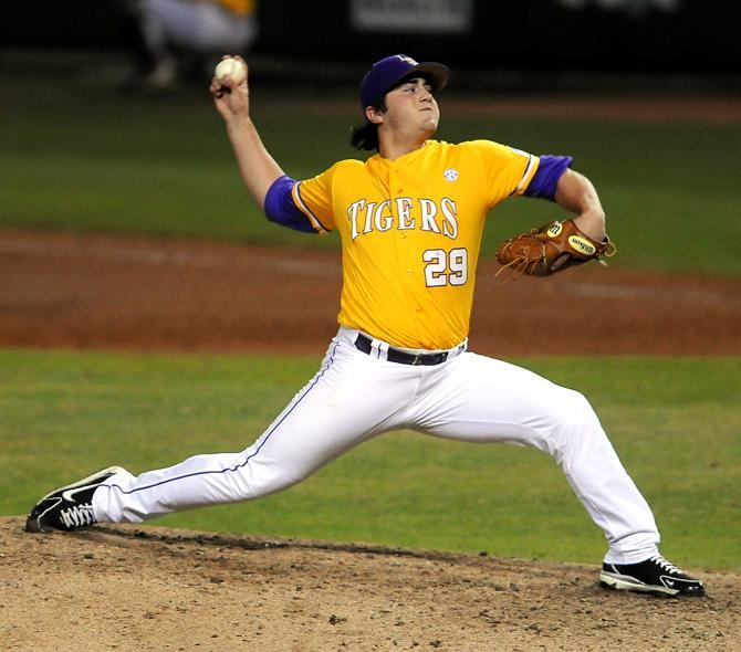 LSU junior right hand pitcher Nate Fury pitches Saturday, Feb. 23, 2013 during the 9-4 loss to Brigham Young University at Alex Box Stadium.
 